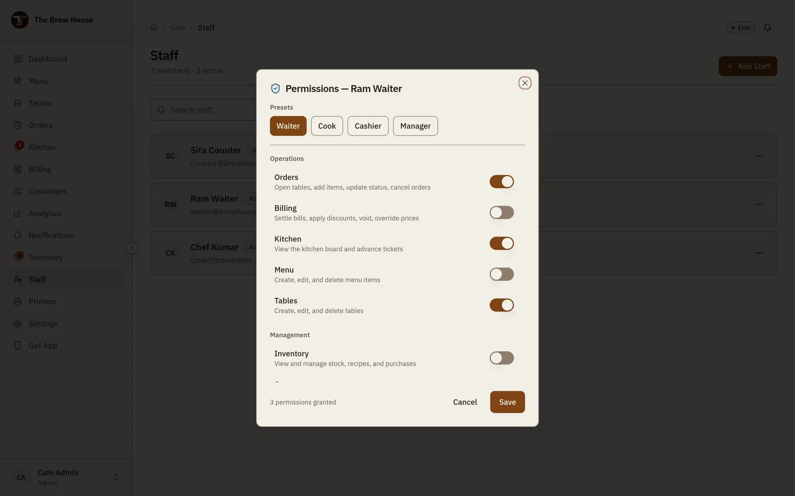 वेटरका लागि Permissions संवाद — Waiter प्रिसेट छानिएको, Orders, Billing, Kitchen, Menu, Tables, Inventory का स्विचसहित।
