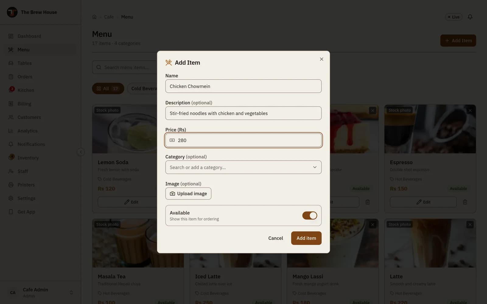 Add Item संवाद — नाम, विवरण, मूल्य, क्याटेगोरी, फोटो र Available स्विचसहित।