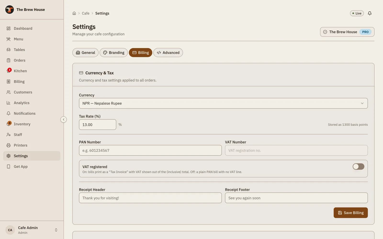 Settings को Billing ट्याब — मुद्रा NPR, कर दर 13.00, PAN नम्बर, VAT registered स्विच र बिलको शीर्ष–पाद पङ्क्ति।