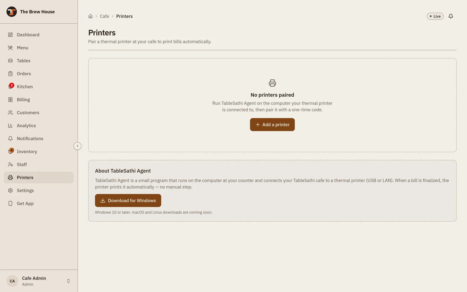 Printers पेज — TableSathi Agent को व्याख्या, Add a printer र Download for Windows बटनसहित।